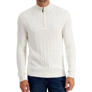 Club Room Men’s White Knit Pullover Quarter Zip Sweater Size L Cotton Macy’s